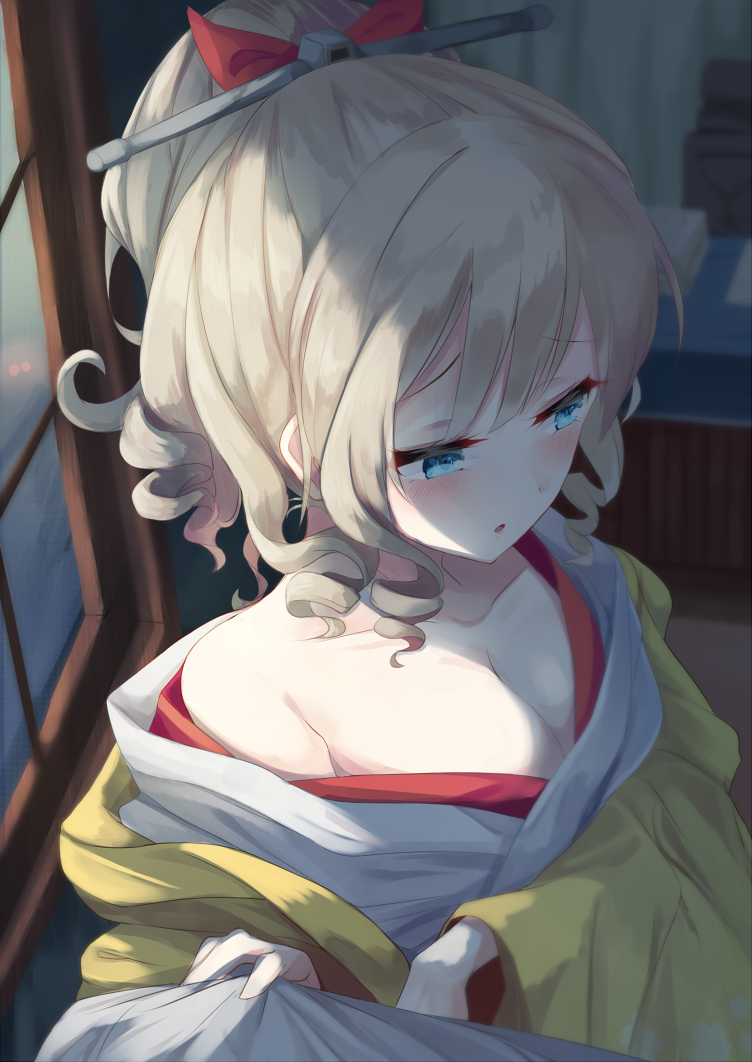 blue_eyes blush bow breasts cleavage collarbone drill_hair hair_bow hatakaze_(kantai_collection) igakusei japanese_clothes kantai_collection kimono light_brown_hair long_sleeves medium_breasts meiji_schoolgirl_uniform open_mouth ponytail red_bow short_hair solo wide_sleeves window yellow_kimono