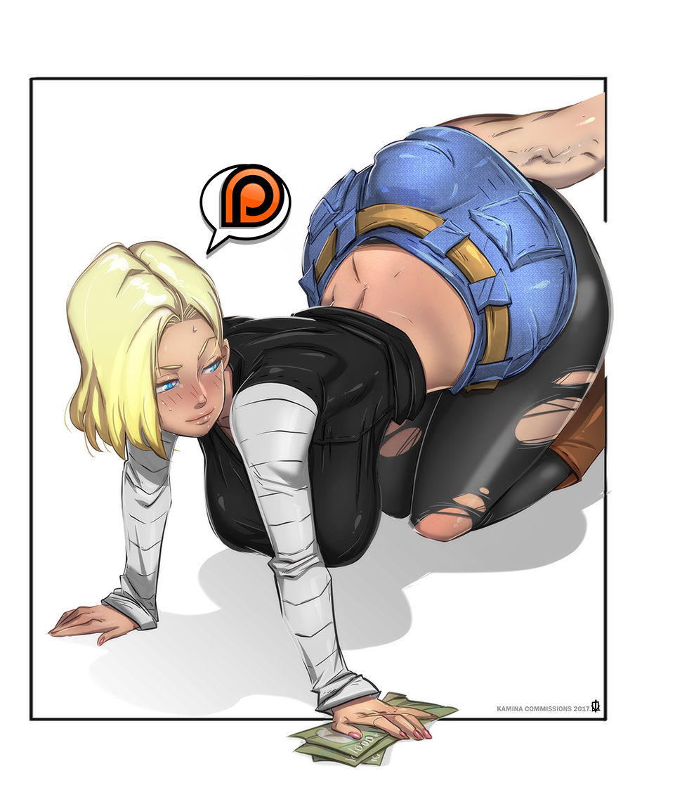1girl all_fours android_18 blonde_hair blue_eyes blush breasts buttjob dragon_ball dragon_ball_gt dragon_ball_super dragonball_z female hanging_breasts hetero huge_ass huge_breasts kamina1978 long_nails milf money patreon_logo pink_lips pink_nails presenting short_hair smile thick_thighs thighhighs wide_hips