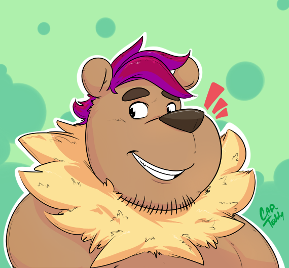 anthro beri_(beribear) brown_fur front_view fur green_background hair looking_aside male mammal purple_hair signature simple_background smile solo thecaptainteddy ursid