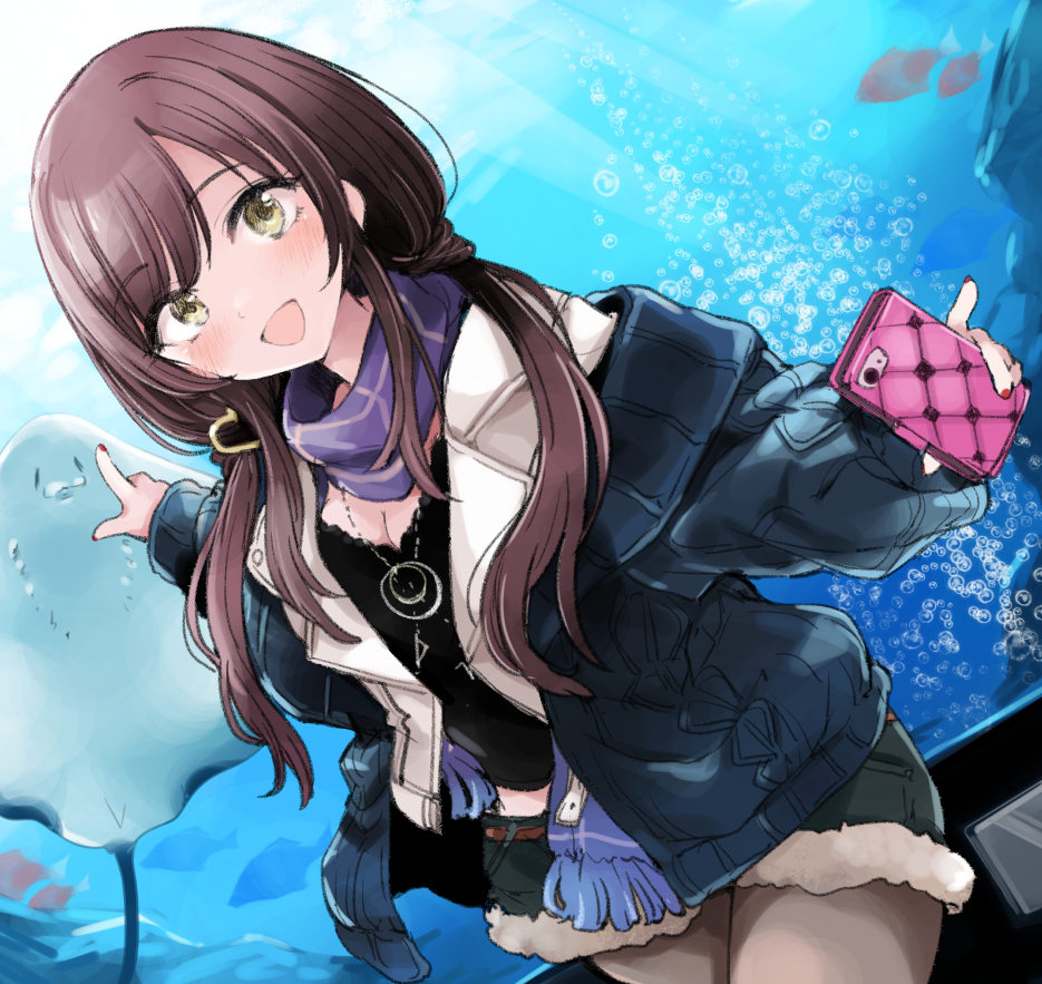 1girl :d air_bubble animal aquarium black_shirt blue_jacket blue_scarf blue_shorts blush breasts brown_eyes brown_hair bubble cellphone cleavage fingernails fish fringe_trim fur-trimmed_shorts grey_legwear heart holding holding_cellphone holding_phone idolmaster idolmaster_shiny_colors jacket jewelry long_hair long_sleeves looking_at_viewer morina_nao nail_polish oosaki_amana open_clothes open_jacket open_mouth pantyhose pendant phone pointing puffy_long_sleeves puffy_sleeves red_nails scarf shirt short_shorts shorts sleeves_past_wrists small_breasts smile solo very_long_hair water white_jacket