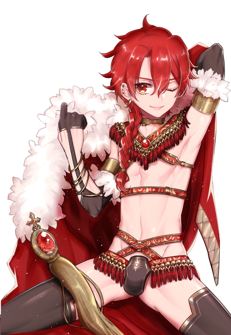 1boy ;) alexander_(fate/grand_order) bracelet braid cape fate/grand_order fate_(series) jewelry lips long_hair looking_at_viewer male_focus morino_bambi navel one_eye_closed red_eyes red_hair smile solo toned toned_male tongue