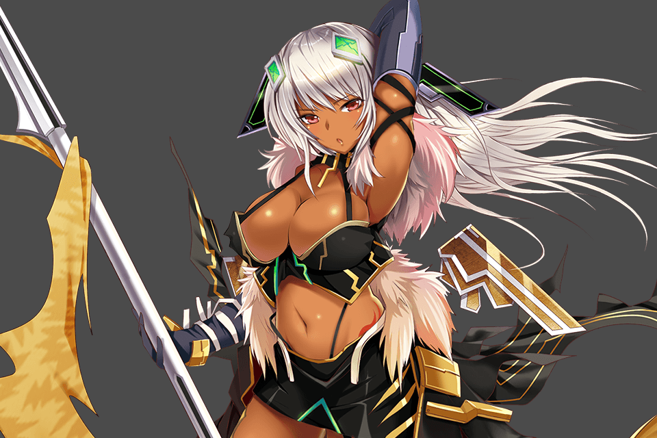1girl armpit baal_(kamihime) breasts cleavage dark_skin kamihime_project_r large_breasts looking_at_viewer navel red_eyes revealing_clothes weapon white_hair