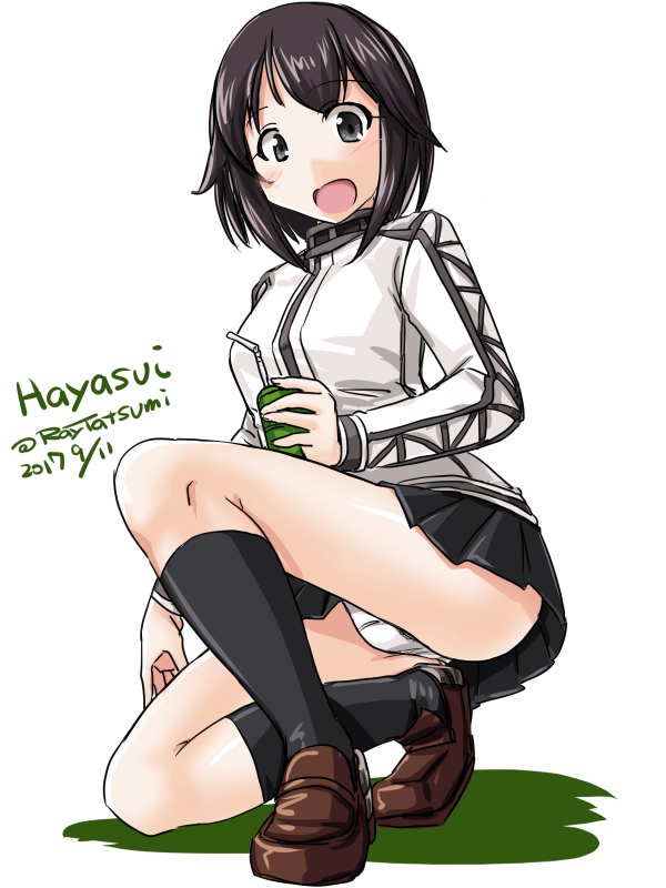 :o black_hair black_skirt character_name cup dated eyebrows_visible_through_hair hayasui_(kantai_collection) holding holding_cup jacket kantai_collection loafers looking_at_viewer miniskirt one_knee panties pantyshot pantyshot_(one_knee) pleated_skirt shoes short_hair silver_eyes skirt solo tatsumi_ray track_jacket twitter_username underwear white_background white_panties