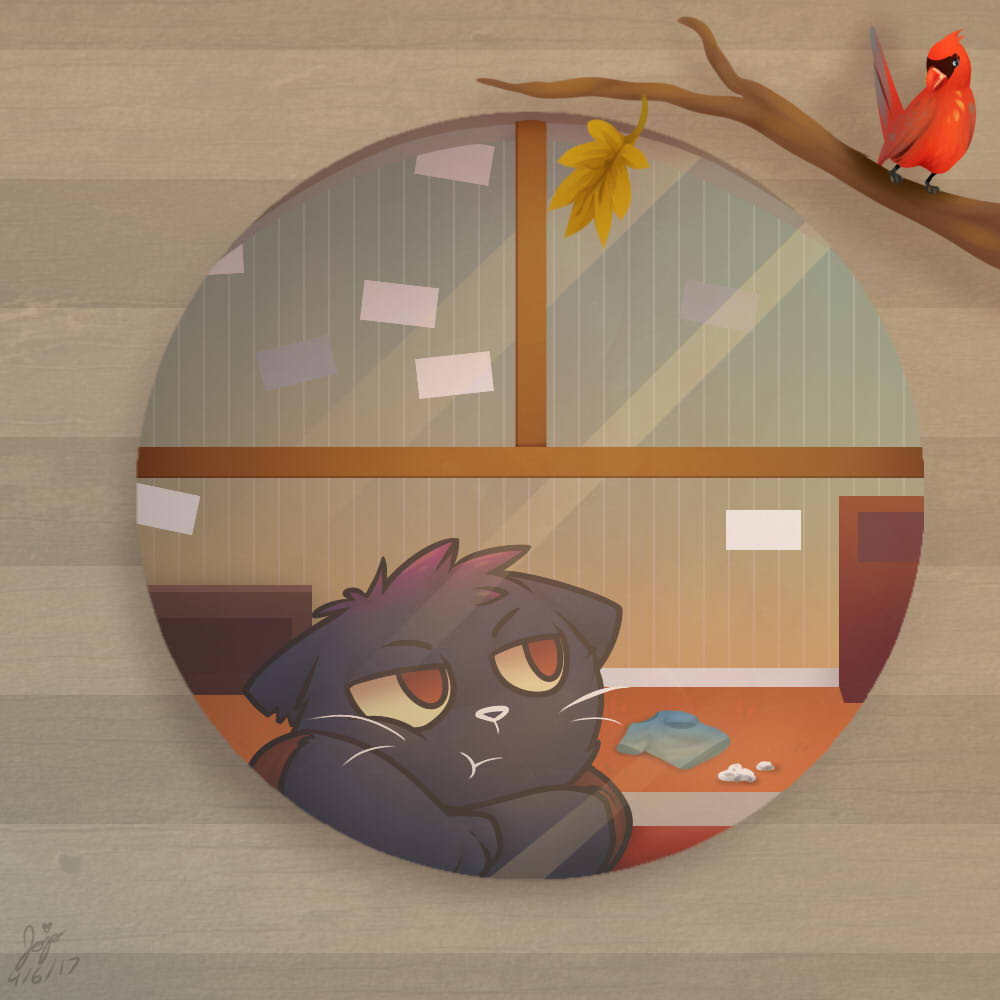 2017 anthro beak black_fur bored branch cat clothing cute desk drawer dye eyebrows feathers feline feral fur hair inside jojodear_(artist) mae_(nitw) mammal night_in_the_woods poster pouting red_feathers reflecion shirt t-shirt trash tree wallpaper whiskers window