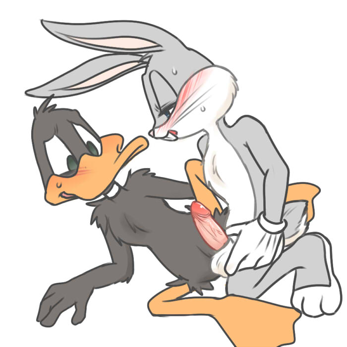 anthro avian balls bird blush buckteeth bugs_bunny clothing daffy_duck duck duo erection feathers fur gloves green_eyes half-closed_eyes kneeling lagomorph looney_tunes lying male male/male mammal on_side open_mouth penis rabbit simple_background spreading sweat teeth warner_brothers whiskers zehn