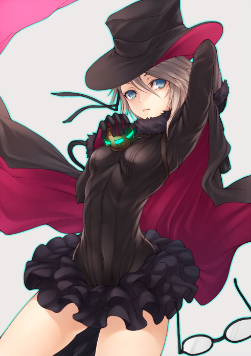 ange_(princess_principal) bangs banned_artist black-framed_eyewear black_gloves black_skirt blue_eyes bodysuit breasts cavorite_ball cloak closed_mouth commentary_request contrapposto covered_navel cowboy_shot eyewear_removed fur-trimmed_sleeves fur_collar fur_trim glasses gloves grey_background grey_hair hair_between_eyes hat kyoeiki legs_apart long_sleeves looking_at_viewer princess_principal serious simple_background skirt small_breasts solo standing thighs top_hat tsurime