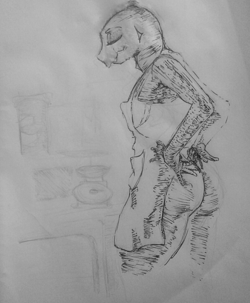 anonmouse anthro apron clothing female greyscale kitchen lizard monochrome naked_apron rear_view reptile scalie solo tegu