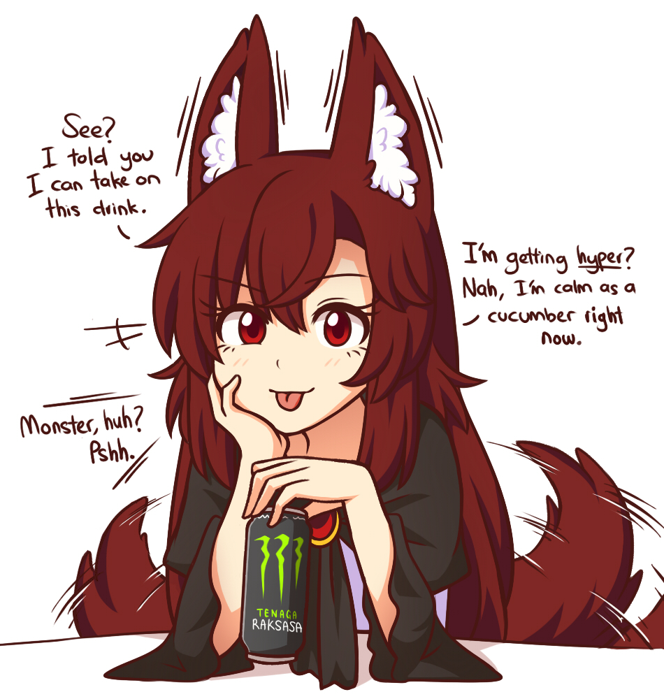 1girl :p animal_ear_fluff animal_ears bangs blush brand_name_imitation brooch brown_hair can chin_rest commentary dress energy_drink english_commentary english_text eyebrows_visible_through_hair eyelashes hair_between_eyes imaizumi_kagerou jewelry lies long_hair long_sleeves looking_at_viewer red_eyes shadow simple_background smile solo tail tail_wagging tongue tongue_out touhou upper_body very_long_hair white_background white_dress wide_sleeves wolf_ears wolf_tail wool_(miwol)
