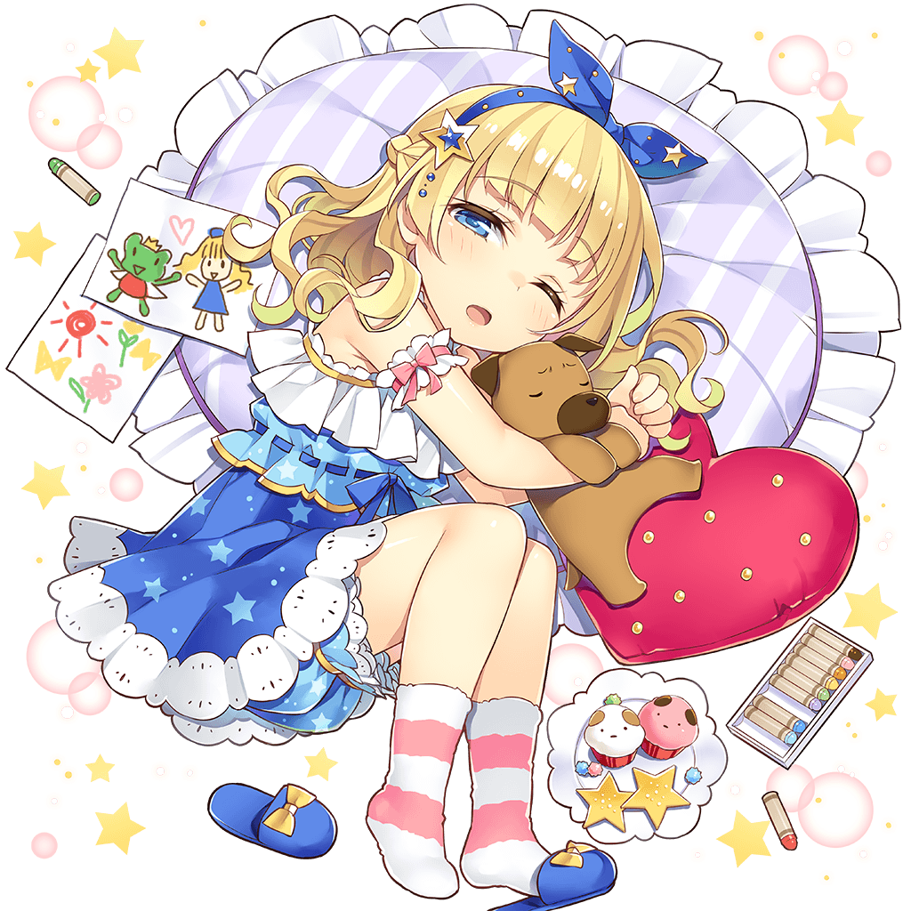 amelie_mcgregor bare_shoulders blonde_hair bloomers blue_eyes braid child crayon cupcake dog drawing food french_braid full_body hairband heart heart_pillow long_hair looking_at_viewer lying mmu nightgown on_side one_eye_closed open_mouth pillow sleeping slippers socks solo striped striped_legwear transparent_background uchi_no_hime-sama_ga_ichiban_kawaii underwear waking_up wavy_hair younger