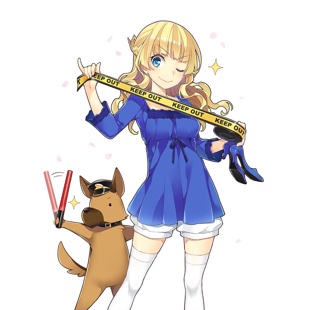 ;) amelie_mcgregor blonde_hair blue_dress blue_eyes blue_footwear braid caution_tape contrapposto dog dress eyebrows_visible_through_hair french_braid hat holding holding_shoes keep_out long_hair looking_at_viewer mmu official_art one_eye_closed police_hat shoes shorts smile solo sparkle standing thighhighs transparent_background uchi_no_hime-sama_ga_ichiban_kawaii wavy_hair white_legwear