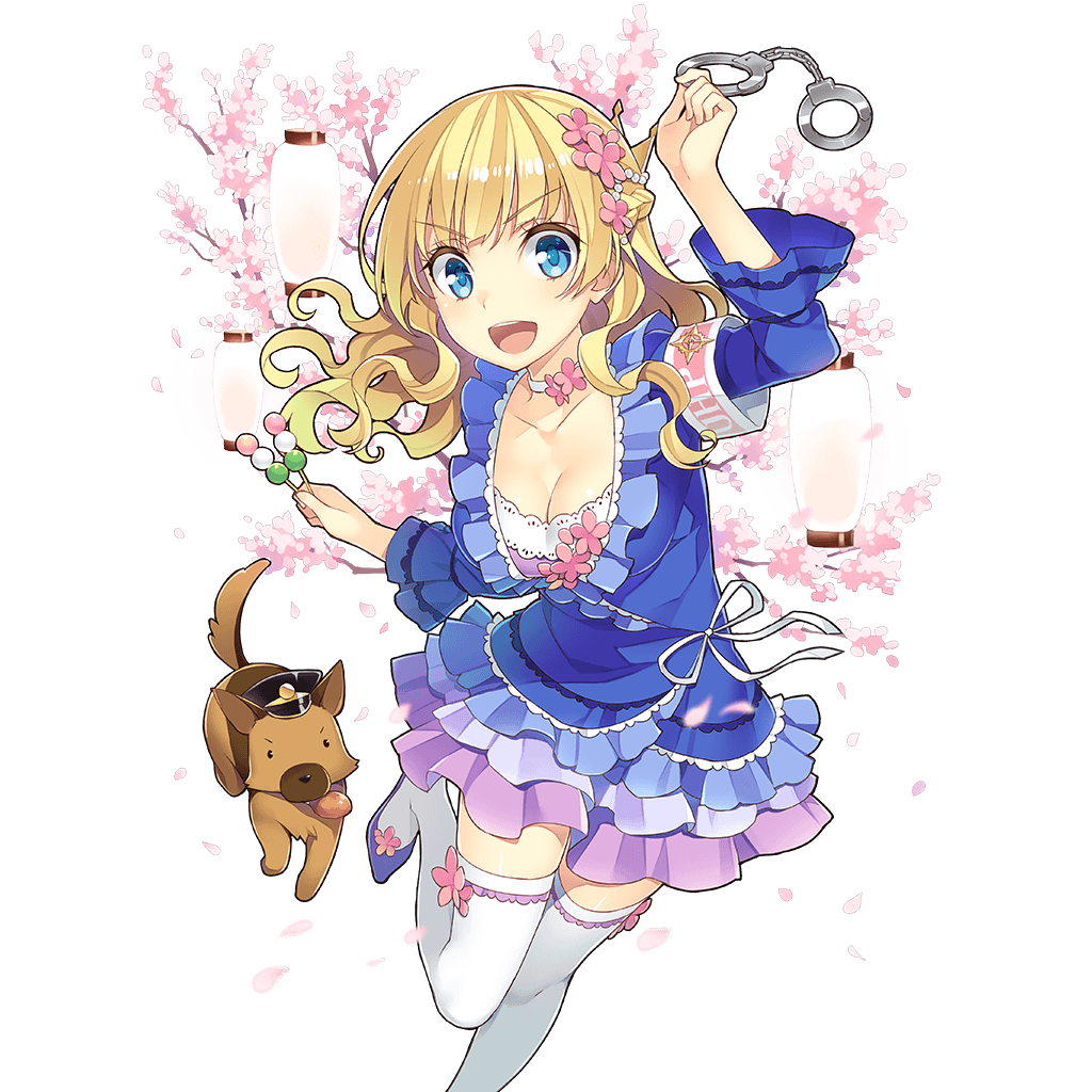 :d amelie_mcgregor armband bangs blonde_hair blue_dress blue_eyes braid breasts cherry_blossoms choker cleavage cuffs dog dress eyebrows_visible_through_hair flower food french_braid frilled_dress frills hair_flower hair_ornament hat lantern long_hair looking_at_viewer medium_breasts mmu official_art open_mouth police_hat smile solo standing standing_on_one_leg thighhighs transparent_background uchi_no_hime-sama_ga_ichiban_kawaii v-shaped_eyebrows wavy_hair white_legwear zettai_ryouiki