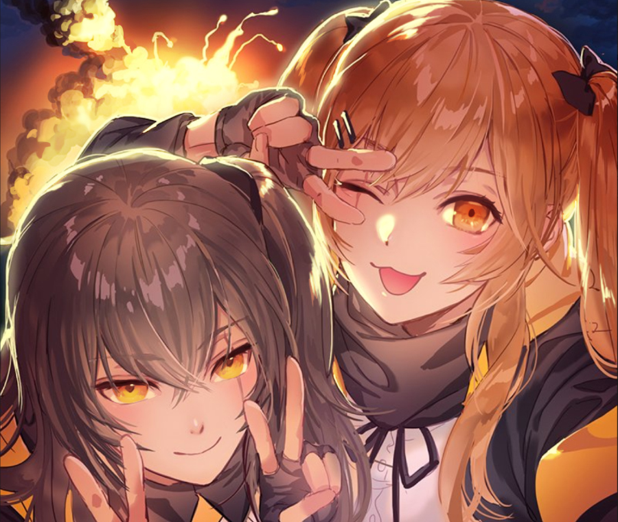 :3 :d ;d bangs black_gloves black_jacket black_ribbon black_scarf brown_eyes brown_hair commentary_request double_v explosion eyebrows_visible_through_hair face fingerless_gloves girls_frontline gloves grey_hair hair_between_eyes hair_ornament hair_ribbon hair_tie hairclip jacket kei_(seona2020) long_hair long_sleeves looking_at_viewer multiple_girls one_eye_closed one_side_up open_mouth orange_eyes ribbon scar scar_across_eye scarf self_shot shirt siblings sisters smile twintails ump45_(girls_frontline) ump9_(girls_frontline) v v_over_eye white_shirt yellow_eyes