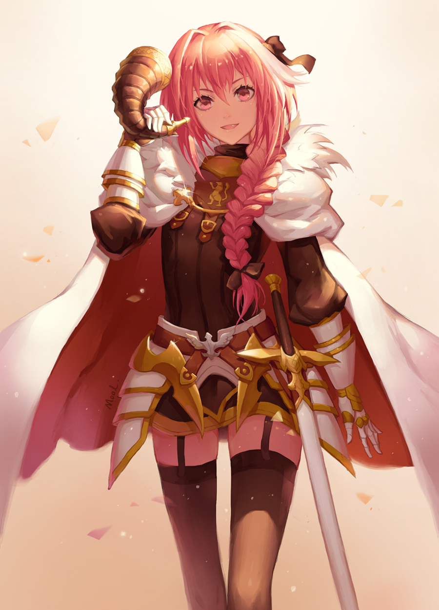 armor astolfo_(fate) bangs black_bow black_legwear bow braid cloak commentary_request fate/apocrypha fate_(series) faulds fur_trim garter_straps gauntlets hair_between_eyes hair_bow hair_intakes hand_up highres holding horn_(instrument) long_hair looking_at_viewer male_focus mool_yueguang multicolored_hair open_mouth otoko_no_ko pink_eyes pink_hair single_braid smile solo standing streaked_hair sword thighhighs weapon white_hair