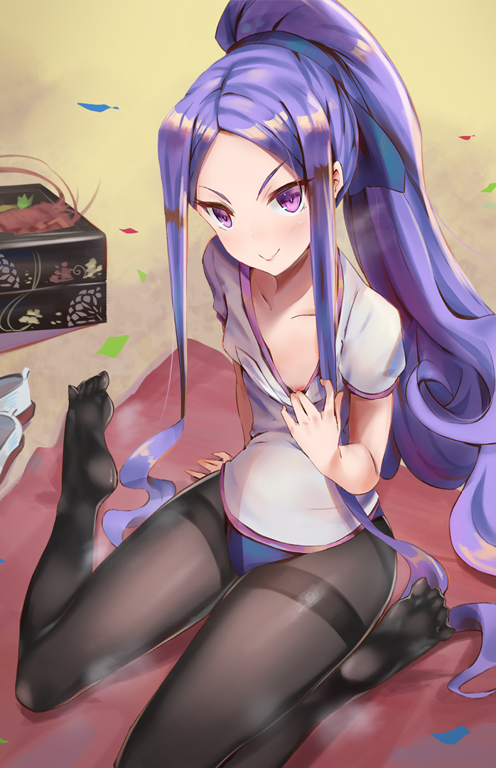 :&gt; alternate_costume areola_slip areolae beach black_legwear closed_mouth collarbone day facial_mark fate/grand_order fate_(series) forehead kakumayu long_hair looking_at_viewer mat md5_mismatch obentou outdoors panties panties_under_pantyhose pantyhose ponytail purple_eyes purple_hair shirt shirt_pull shirt_tug short_sleeves sidelocks smile soles solo thighband_pantyhose thighs towel underwear v-shaped_eyebrows very_long_hair wavy_hair white_shirt wu_zetian_(fate/grand_order)
