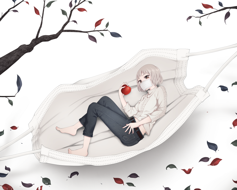 1girl apple aran_sweater bangs barefoot belt blue_pants brown_eyes commentary_request food fruit hammock holding holding_food holding_fruit leaf long_sleeves looking_at_viewer lying midriff original pants short_hair silver_hair solo surgical_mask sweater tree_branch white_background white_sweater yajirushi_(chanoma)