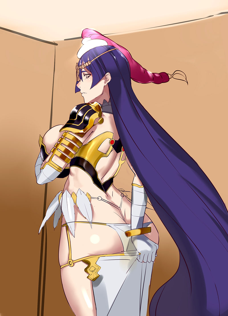 ass blush bodysuit breasts circlet cleavage cosplay fate/grand_order fate_(series) fingerless_gloves gloves huge_breasts huitu_xigai jewelry large_breasts long_hair looking_at_viewer minamoto_no_raikou_(fate/grand_order) panties purple_eyes purple_hair ring scheherazade_(fate/grand_order) scheherazade_(fate/grand_order)_(cosplay) solo thighs underwear veil very_long_hair