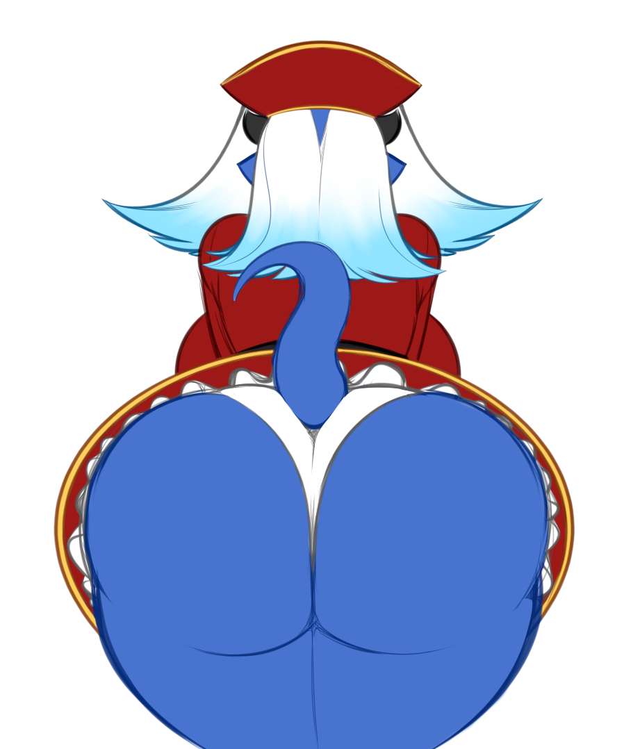 2017 anthro averyshadydolphin big_breasts big_butt blue_hair blue_skin breasts butt clothed clothing digital_media_(artwork) dragon eyebrows female hair hat horn huge_breasts huge_butt huge_hips miajou multicolored_hair panties rear_view simple_background solo thick_thighs two_tone_hair underwear white_background white_hair wide_hips