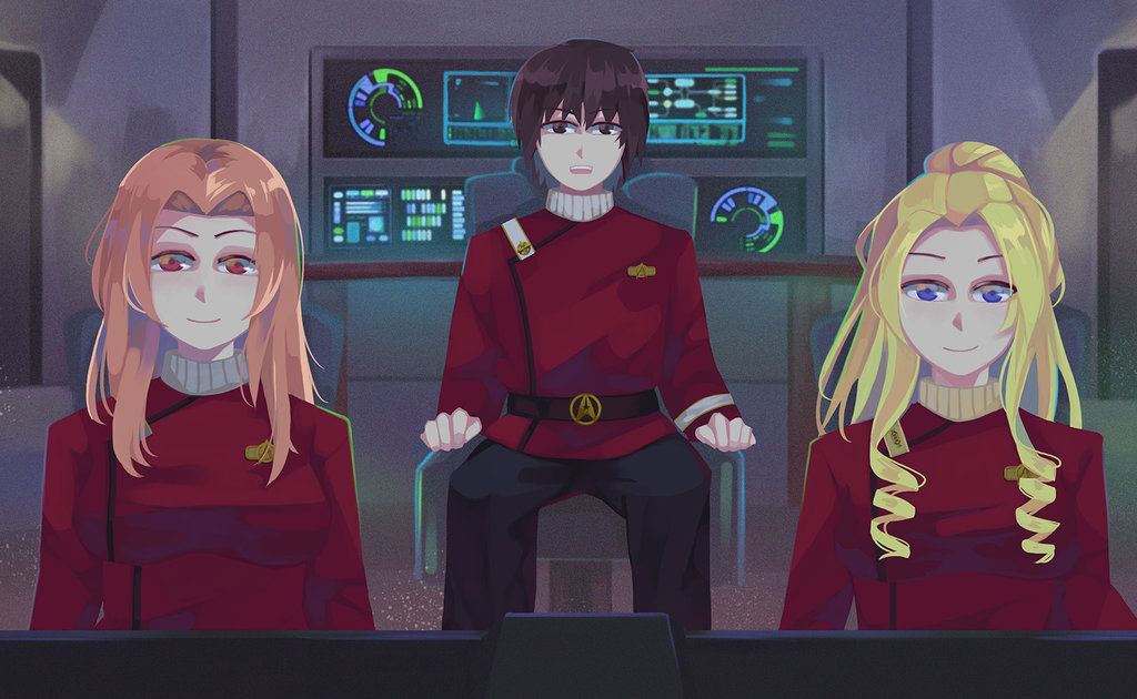 1boy 2girls blonde_hair blue_eyes brown_eyes brown_hair cosplay crossover high_res mankitsu_happening midou_sayaka military_uniform multiple_girls oyamada_keiichi red_eyes red_uniform shizui_mayuri simple_illust star_trek star_trek:_the_wrath_of_khan