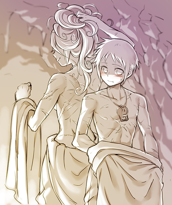 1girl back-to-back blush breasts cave clenched_hand closed_mouth collarbone cr72 height_difference holding holding_hair long_hair lyza made_in_abyss medium_breasts monochrome profile scar sepia short_hair sketch smile sweatdrop topless torka undressing whistle