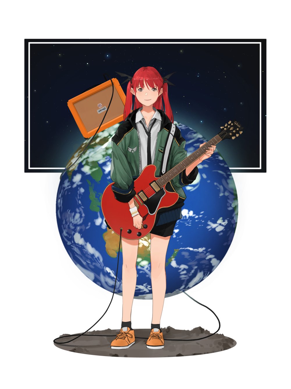 1girl black_bow black_legwear black_neckwear black_shorts bow brown_eyes brown_footwear closed_mouth collared_shirt commentary_request earth green_jacket guitar hair_bow highres holding holding_instrument instrument jacket long_hair looking_at_viewer loudspeaker necktie open_clothes open_jacket original red_hair shirt shoes shorts smile socks solo somehira_katsu standing two_side_up white_shirt wing_collar wristband