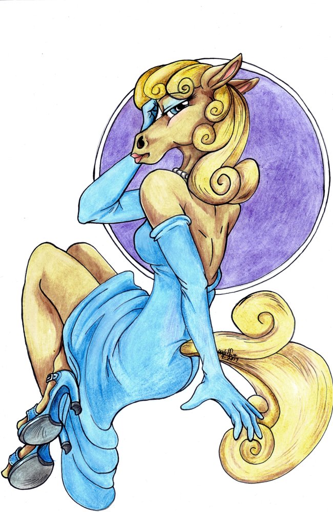 2017 5_fingers aged_down anthro arm_support armwear beatrice_horseman biped blonde_hair blue_armwear blue_clothing blue_eyes bojack_horseman breasts brown_body clothed clothing colored_pencil_(artwork) curly_hair dress ears_back elbow_gloves equine eyelashes female footwear frown full-length_portrait furgonomics gem gloves hair half-closed_eyes hand_on_head high_heels horse humanoid_hands jewelry leaning leaning_back legs_up looking_at_viewer looking_back mammal mature_female medium_breasts necklace ocelotfire pearl_(gem) pearl_necklace pearls portrait purple_background raised_arm rear_view shoes side_boob signature simple_background sitting solo suspended_in_midair traditional_media_(artwork) white_background yellow_tail