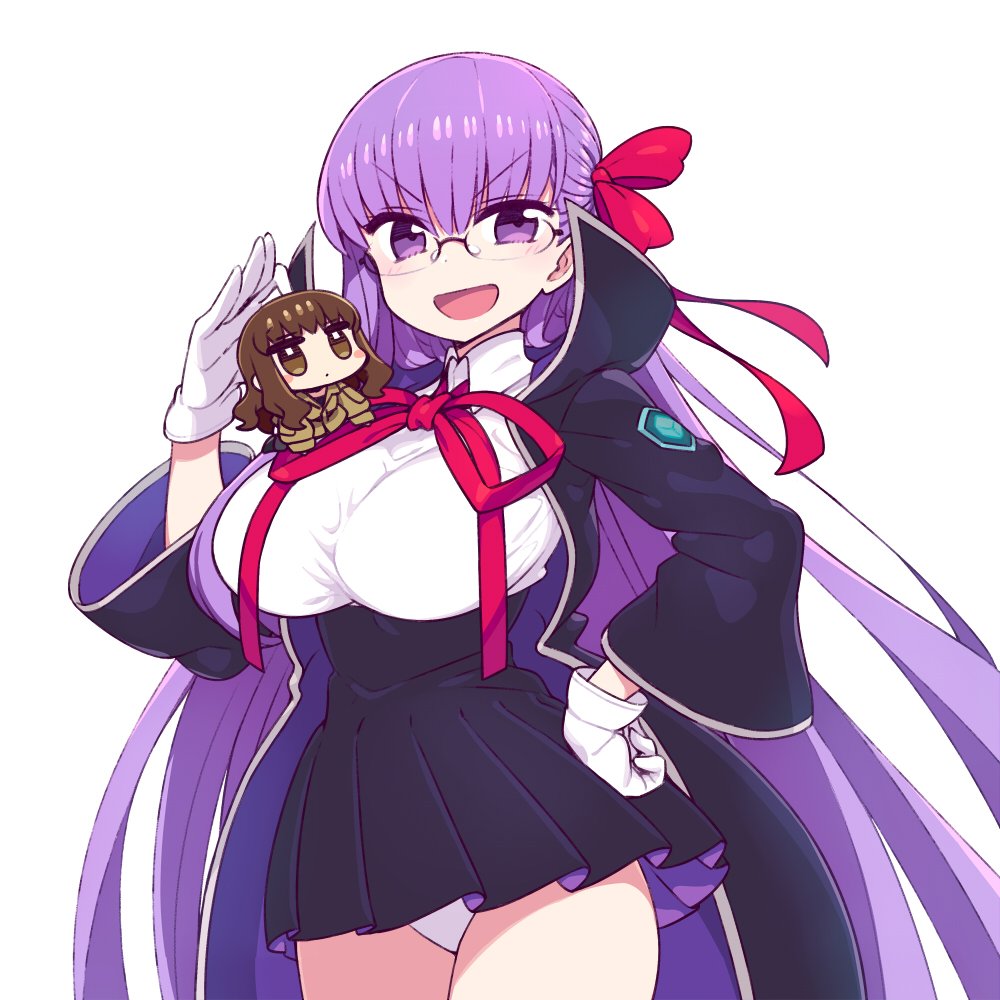 2girls :d bb_(fate)_(all) bb_(fate/extra_ccc) black_skirt breasts brown_eyes brown_hair chan_co chibi coat collared_shirt commentary_request eyebrows_visible_through_hair fate/extra fate/extra_ccc fate/grand_order fate_(series) glasses gloves hair_ribbon hand_on_hip hand_up high-waist_skirt kishinami_hakuno_(female) large_breasts leotard long_hair long_sleeves looking_at_viewer multiple_girls neck_ribbon open_clothes open_coat open_mouth purple_eyes purple_hair red_neckwear red_ribbon ribbon shirt skirt smile solo_focus standing v-shaped_eyebrows very_long_hair white_gloves white_leotard wing_collar