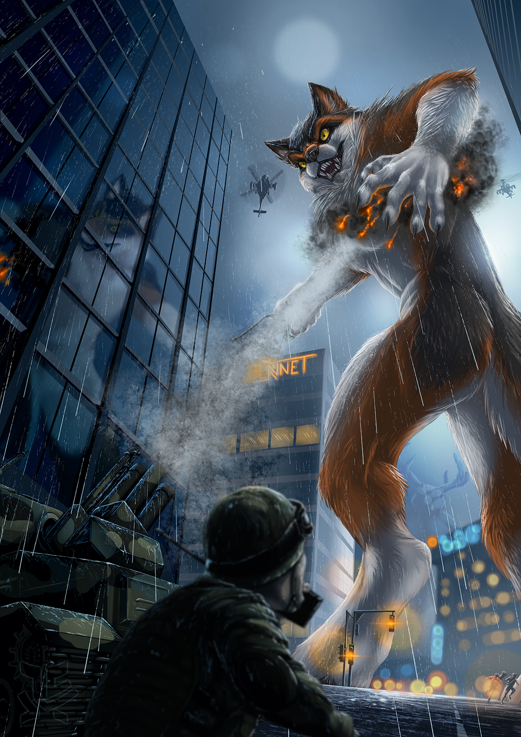 5_fingers aircraft anthro brown_fur canine day detailed_background digital_media_(artwork) fur helicopter human jackrow male mammal open_mouth outside teeth white_fur wolf yellow_eyes