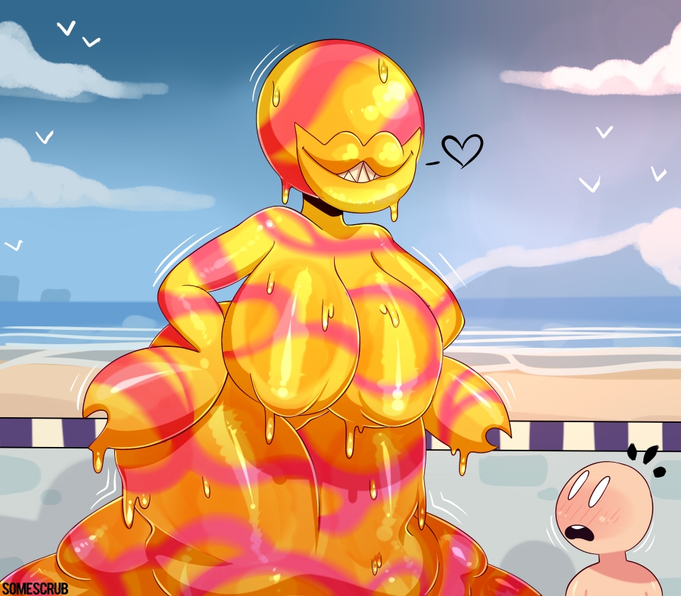 &lt;3 2017 ambiguous_gender beach bent_over big_breasts biped blush breasts cloud digital_drawing_(artwork) digital_media_(artwork) dripping duo eyeless featureless_breasts female flora_fauna goo_creature hanging_breasts huge_breasts human larger_female light_skin looking_back mammal mario_bros motion_lines nintendo non-mammal_breasts not_furry nude open_mouth outside piranha_plant plant plump_lips polluted_piranha_plant red_body sea seaside sharp_teeth size_difference sly smile solo_focus somescrub standing super_mario_sunshine surprise tan_skin teeth two_tone_body vertical_bar_eyes video_games voluptuous water white_eyes yellow_body