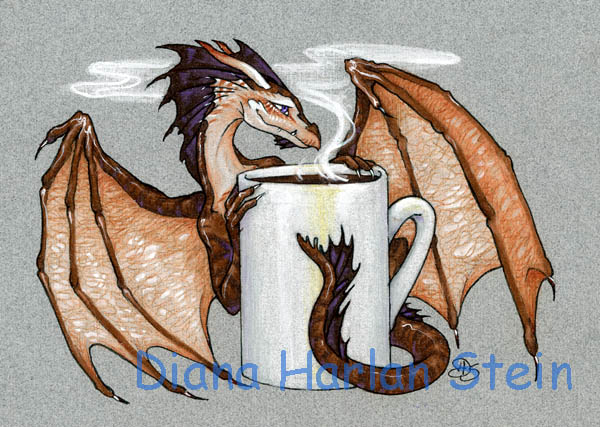 beverage blue_eyes brown_scales coffee cup dhstein dragon feral grey_background horn membranous_wings scales simple_background solo steam wings
