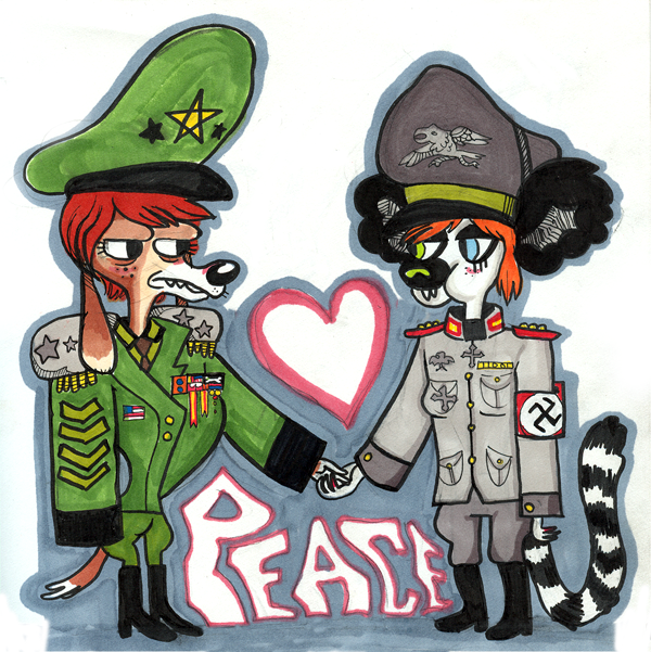 &lt;3 anthro boots canine clothed clothing dog duo english_text female footwear fur hair handshake hat heterochromia humor lemur mammal military military_cap military_uniform nazi nazi_uniform pox_(artist) primate red_hair ring-tailed_lemur simple_background smile soundhound_(character) standing star stars_and_stripes text uniform united_states_of_america zeriara_(character)