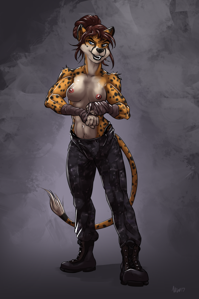 abs athletic bandage battle bdu biceps boots breasts cheetah clothed clothing feline female footwear mammal marsonaut muscular pants ponytail rogue roguekitty smile soldier tape topless tricep wrap