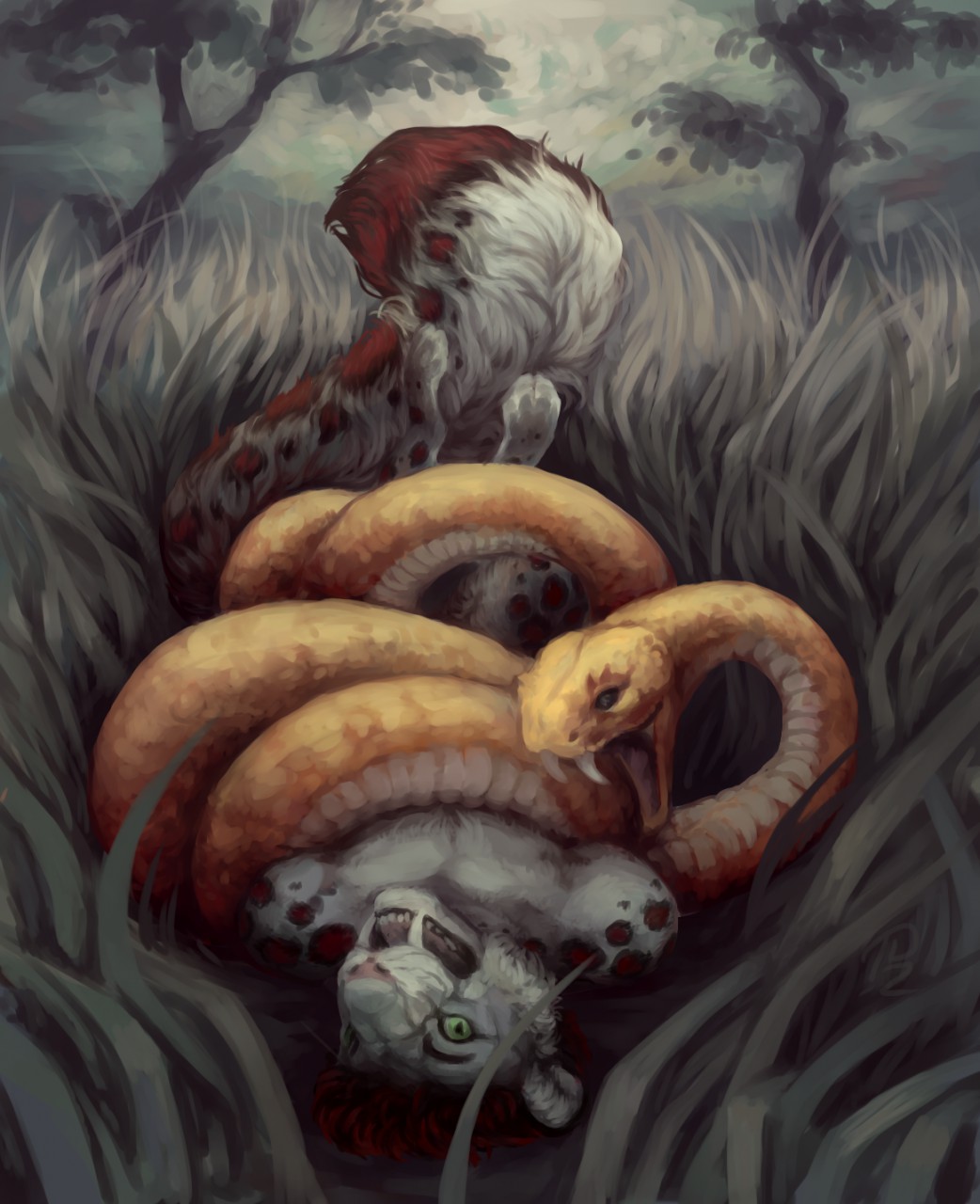 2017 anthro arthur_(fmily) asphyxiation barefoot big_tail cloud_tail coiling cu_sith_(artist) digital_media_(artwork) digital_painting_(artwork) duo eyebrows fangs feline feral fluffy fluffy_tail fur grass grey_fur grey_tail hair hi_res imminent_vore leopard long_tail male mammal multicolored_fur multicolored_scales open_mouth outside red_fur red_hair red_spots red_tail reptile restrained saber-toothed_cat sabertooth_(feature) scales scalie short_hair signature snake snow_leopard spots spotted_fur spotted_tail squeezing teeth tree two_tone_scales vore white_fur white_scales white_tail yellow_eyes yellow_scales