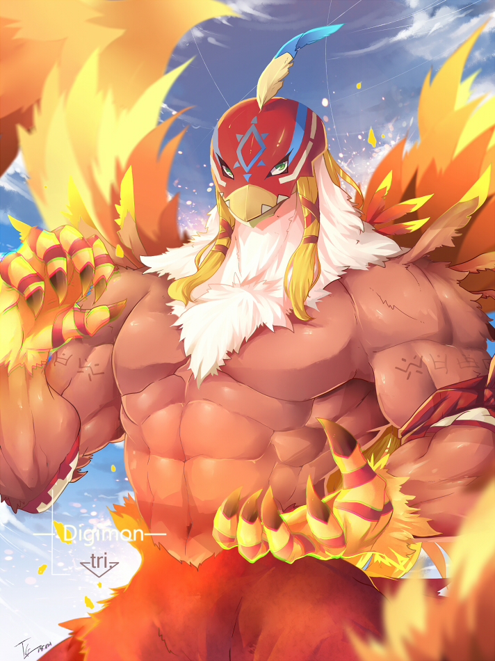 2015 abs anthro armband avian barazoku beak biceps biped blonde_hair braided_hair brown_claws brown_feathers chinese chromatic_aberration claws cloud depth_of_field digimon digimon_adventure_tri digimorph digital_drawing_(artwork) digital_media_(artwork) english_text fangs feather_tuft feathered_wings feathers front_view garudamon hair kemono logo long_hair looking_at_viewer loose_feather male mask mostly_nude multicolored_feathers muscular muscular_male navel neck_tuft orange_feathers orange_wings pecs pigtails portrait red_feathers shoulder_tuft sky solo standing talons tattoo tengo text three-quarter_portrait tribal_tattoo tuft twin_braids white_feathers wings yellow_beak yellow_feathers