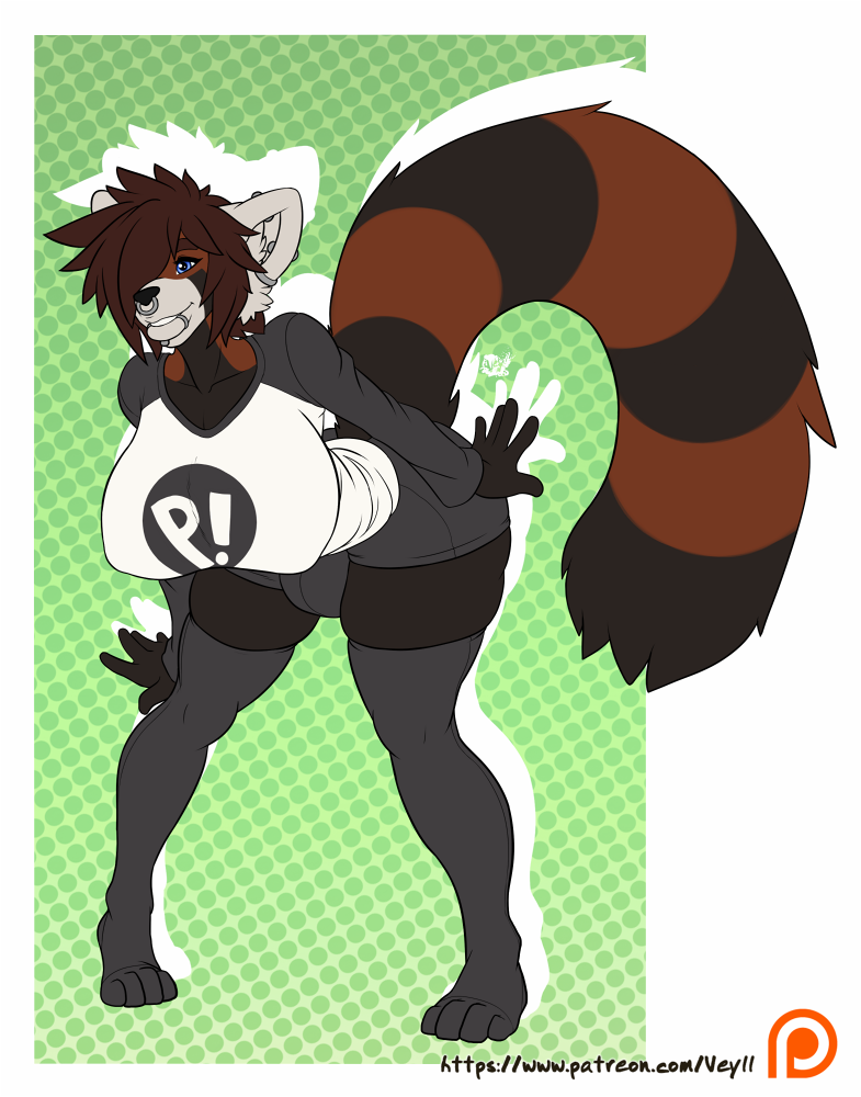 anthro bent_over bulge clothed clothing dickgirl facial_piercing intersex lip_piercing looking_at_viewer mammal nipple_bulge piercing red_panda smile solo standing suki_yamamoto thick_thighs veyll