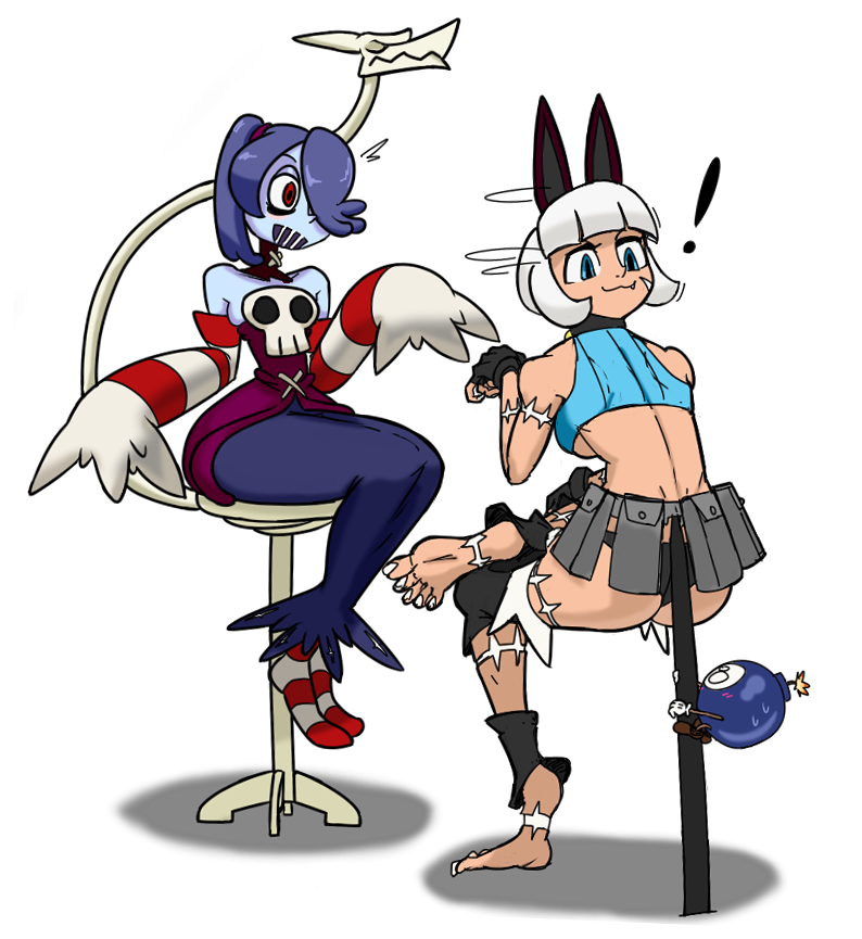 ! animal_humanoid barefoot bell_collar belt blue_eyes blue_hair blue_skin blush bomb bone breasts butt cat_humanoid clothing collar dark_skin dragon explosives eyes_closed feline female fingerless_gloves george_(skullgirls) gloves hair hair_over_eye humanoid leviathan_(skullgirls) male mammal nadia_fortune red_eyes scar shadow simple_background sirkoru sitting skullgirls smile squigly stitches sweat undead utility_belt white_background white_hair wide_hips zombie