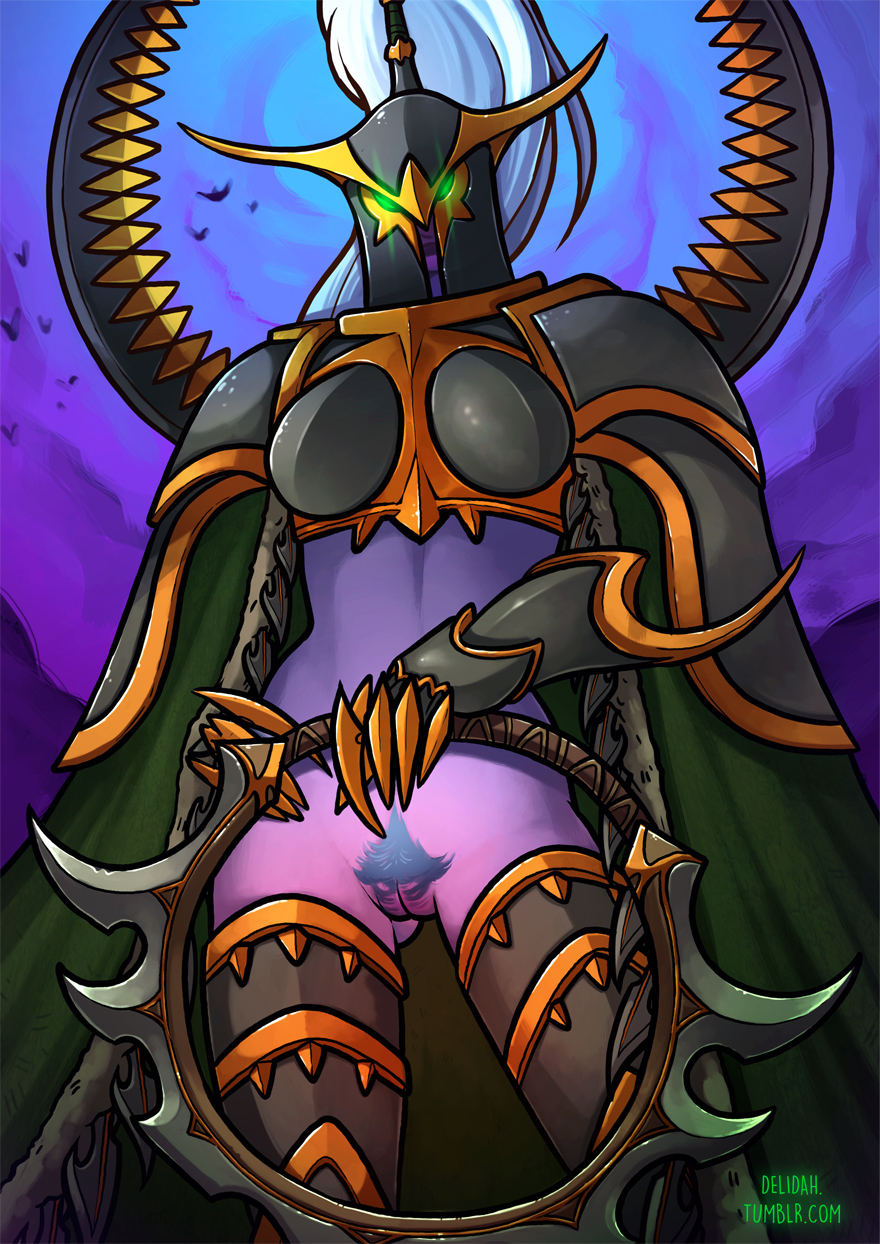 2016 5_fingers armor avian biped bird bottomless breastplate cape clothed clothing delidah digital_drawing_(artwork) digital_media_(artwork) elf female feral front_view gauntlets gloves glowing glowing_eyes greaves green_eyes hair hand_on_hip helmet holding_object holding_weapon humanoid long_hair looking_at_viewer looking_down low-angle_view maiev_shadowsong melee_weapon midriff night_elf not_furry not_furry_focus pauldron pinup ponytail portrait pose presenting presenting_pussy pubes purple_pussy purple_skin pussy sky small_waist solo standing three-quarter_portrait vambraces video_games voluptuous warcraft weapon white_hair