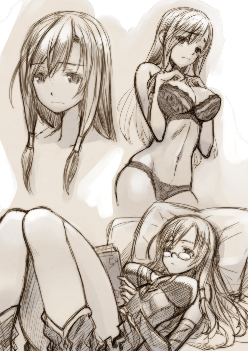 :&lt; bad_id bad_pixiv_id bra breasts cleavage collage detached_sleeves glasses highres large_breasts legs lingerie long_hair lying maou_(maoyuu) maoyuu_maou_yuusha matsuryuu midriff monochrome navel panties pillow reading sketch thighs underwear underwear_only