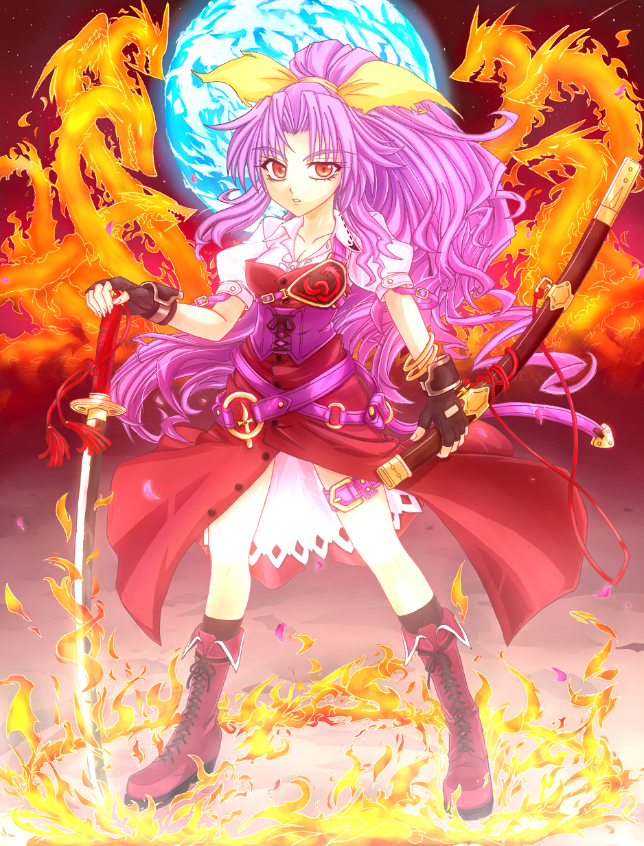 belt boots bow bracelet breasts cleavage dragon fingerless_gloves fire gloves hair_bow highres jewelry katana long_hair md5_mismatch medium_breasts mickey_dunn ponytail purple_hair red_eyes scabbard sheath solo sword thigh_strap touhou watatsuki_no_yorihime weapon