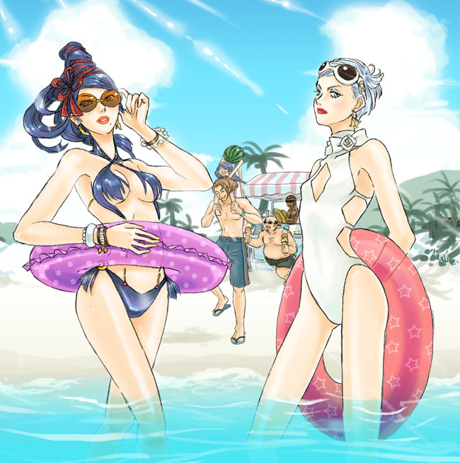 3girls ^_^ adapted_costume adjusting_eyewear age_difference alternate_costume ankle_grab armpits arms_behind_back arms_up bald barefoot bayonetta bayonetta_(character) beach beads beehive_hairdo bikini blue_bikini blue_eyes blue_hair bow bracelet breasts carrying casual_one-piece_swimsuit center_opening cereza child closed_eyes cloud crescent criss-cross_halter dark_skin day earrings enzo eyeshadow eyewear_on_head fat fat_man food from_side fruit hair_ribbon halter_top halterneck hat hat_removed headwear_removed holding ice_cream ice_cream_cone innertube jeanne_(bayonetta) jewelry laughing legs_apart light_rays lipstick long_hair looking_at_viewer luka_redgrave makeup male_swimwear mature mole mole_under_mouth multiple_boys multiple_girls nasu_(roda_de_estrela) one-piece_swimsuit outdoors palm_tree plump polka_dot quadruple_scoop red_lipstick ribbon rodin running sandals shirtless short_hair shoulder_carry sky slim_legs small_breasts star star_print striped sunbeam sunglasses sunlight swim_trunks swimsuit swimwear transparent tree turtleneck underboob wading watermelon white_hair