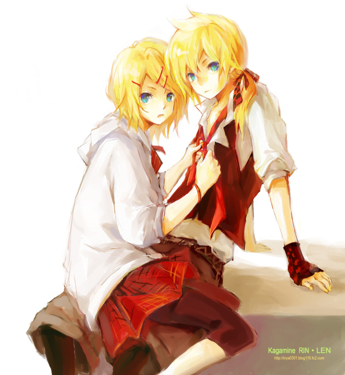 1girl bad_id bad_pixiv_id blonde_hair blue_eyes brother_and_sister hair_ornament hairclip i-riya kagamine_len kagamine_rin necktie ponytail red_neckwear short_hair siblings sitting sitting_on_lap sitting_on_person skirt twins vocaloid