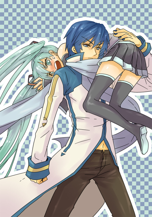 1girl aqua_eyes aqua_hair bad_id bad_pixiv_id blue_eyes blue_hair blue_scarf blush checkered checkered_background detached_sleeves hatsune_miku holding irono_(irtyu) kaito long_hair outline scarf skirt sweatdrop thighhighs twintails vocaloid zettai_ryouiki