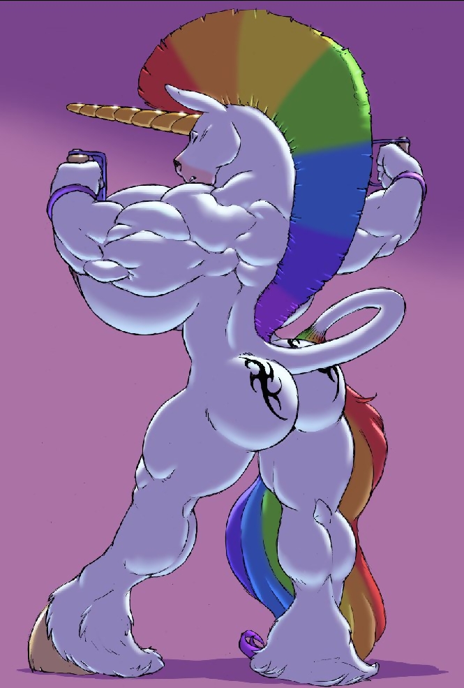 anthro armband big_breasts breasts butt equine exercise eyes_closed female flexing gideon hooves horn horse huge_breasts hyper mammal muscular nude pose tattoo unicorn workout