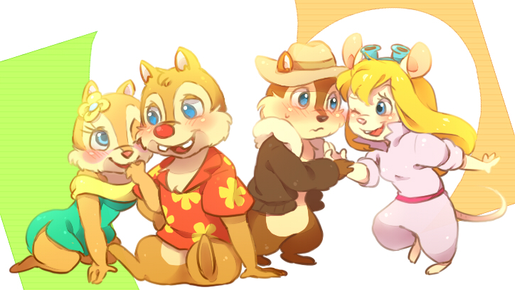 2014 4_fingers arm_grab black_nose blonde_hair blue_eyes blush boa_(clothing) bottomless brown_fur cheek_tuft chip_'n_dale_rescue_rangers chip_(cdrr) chipmunk clarice clothed clothing dale_(cdrr) derimiko digital_drawing_(artwork) digital_media_(artwork) disney dress eye_contact eyewear fedora female flower fur gadget_hackwrench goggles group hair hat hawaiian_shirt male male/female mammal mouse nervous one_eye_closed open_jacket open_mouth open_smile pink_nose plant red_nose rodent romantic_couple shirt simple_background smile tan_fur tuft white_background wink
