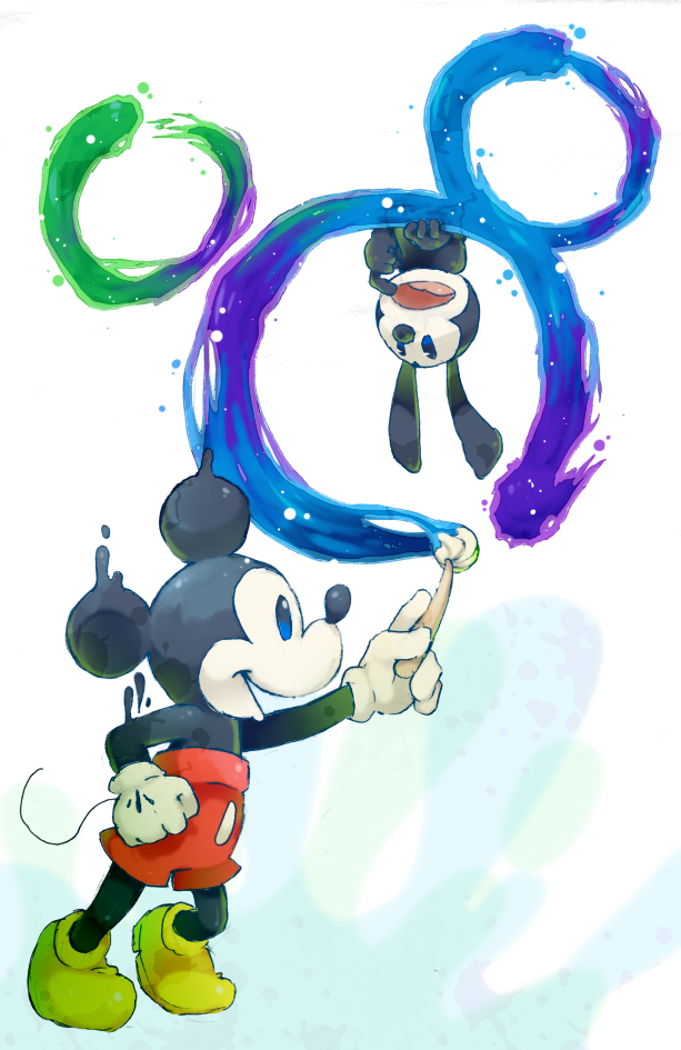 2011 anthro black_nose blue_eyes clothed clothing derimiko disney duo epic_mickey fist footwear lagomorph long_ears mammal mickey_mouse mouse open_mouth open_smile oswald_the_lucky_rabbit paint paintbrush rabbit red_shorts rodent round_ears shoes shorts simple_background smile thin_tail topless upside_down white_background white_gloves yellow_shoes