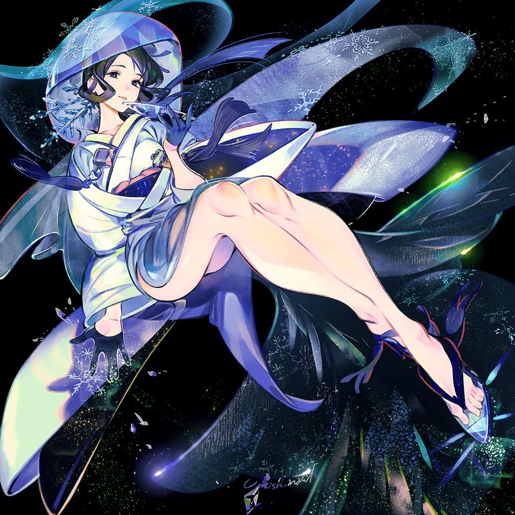 black_background black_hair blue_gloves closed_mouth cup glint gloves half_gloves holding hood hood_up japanese_clothes kimono legs looking_at_viewer obi original purple_eyes sakazuki sandals sash short_hair simple_background smile snowflakes solo tassel umishima_senbon white_kimono