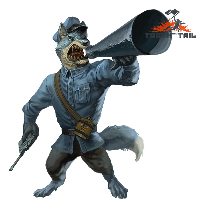 barefoot blue_fur canine claws clothed clothing drill_sergeant_volkov fur gun mammal official_art open_mouth ranged_weapon saliva simple_background sinto619 toe_claws tongue tooth_and_tail weapon white_background wolf