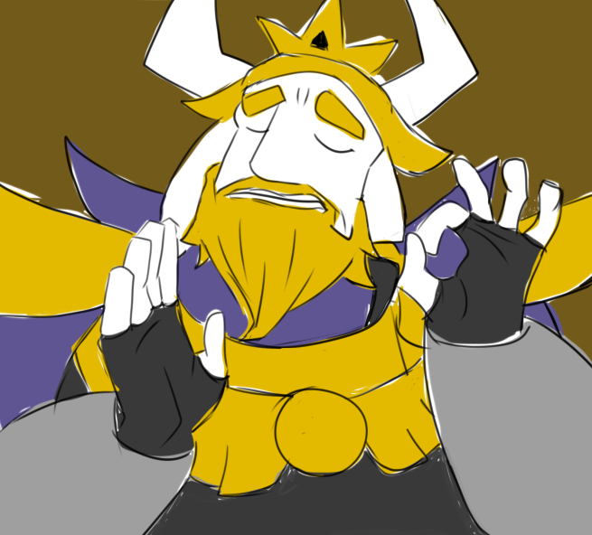 5_fingers anthro asgore_dreemurr blonde_hair boss_monster caprine clothing emperor's_new_groove eyebrows eyes_closed facial_hair fur goat hair horn humor just_right low_res male mammal meme ok_sign pacha_(the_emperor's_new_groove) purple_background reaction_image simple_background solo undertale unknown_artist video_games white_fur