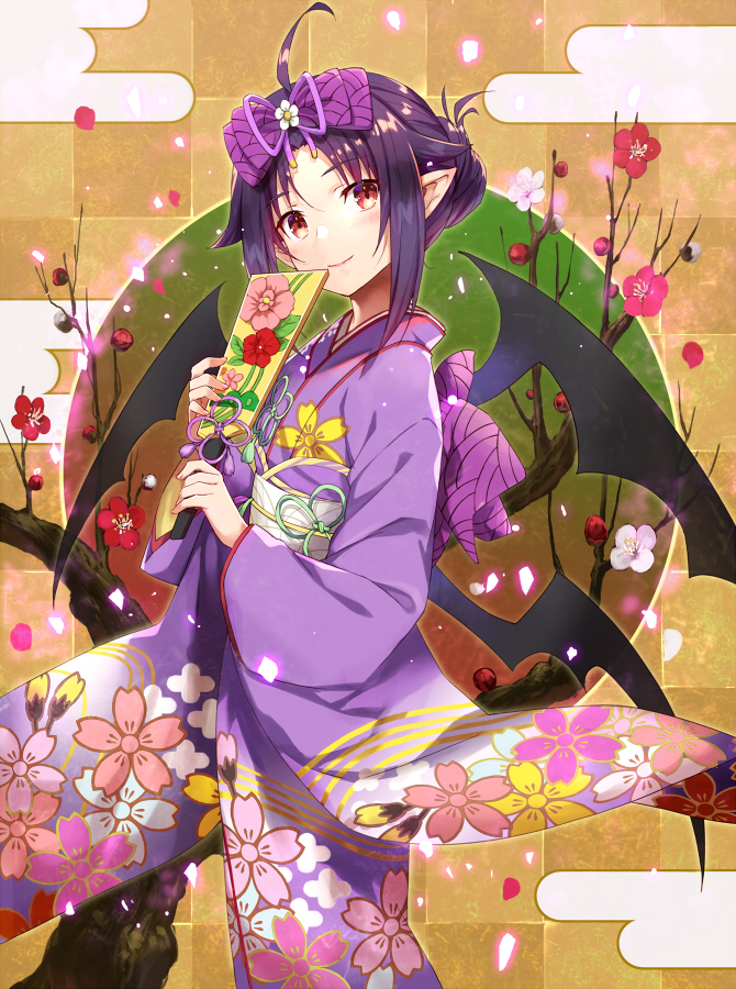 ahoge bangs blush bow checkered checkered_background closed_mouth commentary_request egasumi eyebrows_visible_through_hair floral_print flower flower_knot gabiran hagoita hair_between_eyes hair_bow head_tilt holding japanese_clothes kimono long_sleeves obi paddle parted_bangs print_kimono purple_bow purple_hair purple_kimono purple_ribbon red_eyes red_flower ribbon sash smile solo sword_art_online tree wide_sleeves yuuki_(sao)
