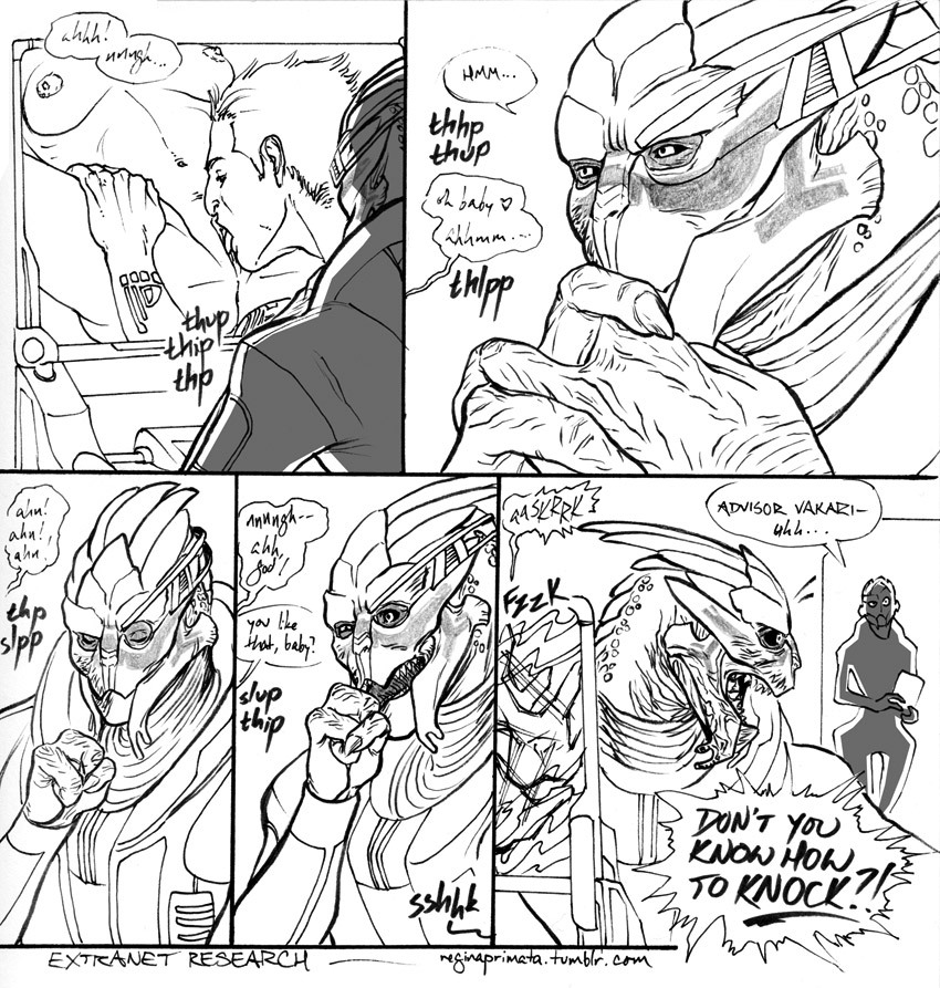 alien breasts comic cunnilingus female garrus_vakarian human humor line_art male male/female mammal mass_effect nipples oral pornography reginaprimata sex turian vaginal video_games