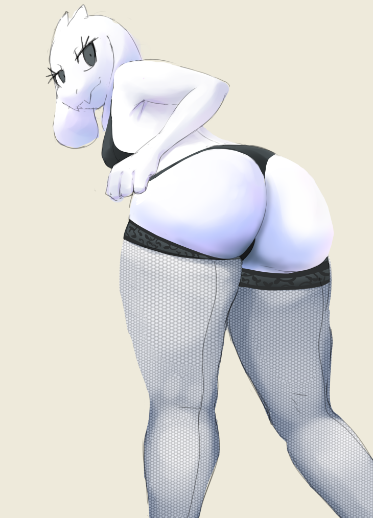 anthro butt caprine clothed clothing digital_media_(artwork) female fur goat long_ears looking_at_viewer looking_back mammal mother parent simple_background smile solo toriel undertale underwear unknown_artist video_games white_fur